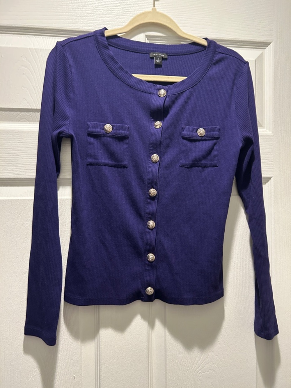 Ann Taylor Purple Ribbed Long Sleeve Button Cardigan